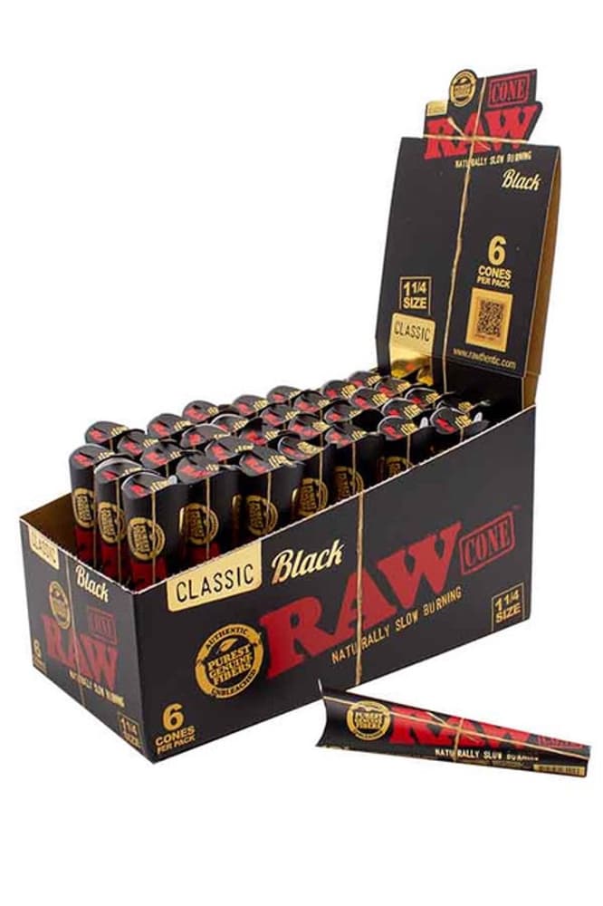 RAW Black Classic 1 1/4 Cones (6 CONES PER PACK) (32 Packs per Box)